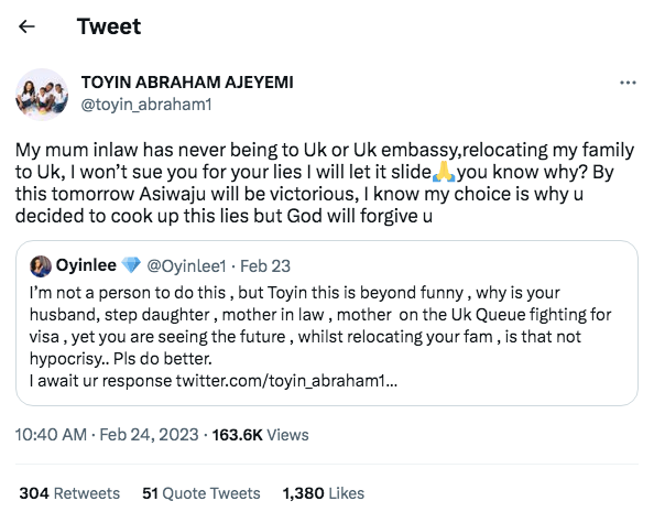 Asiwaju Bola Tinubu will be the President of Nigeria- Actress Toyin Abraham slams follower who insulted her for supporting Tinubu 