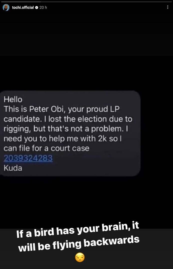 Tochi shares chat he had with Scammer who claimed to be Peter obi (Screenshot)