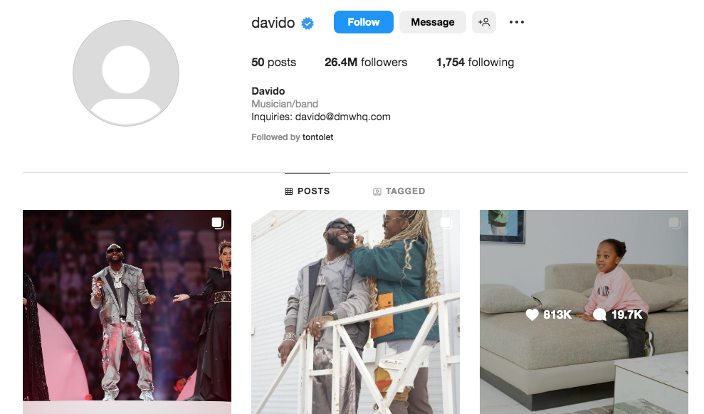 Fans Worry as Davido removes his profile photos and deletes posts (Screenshot)
