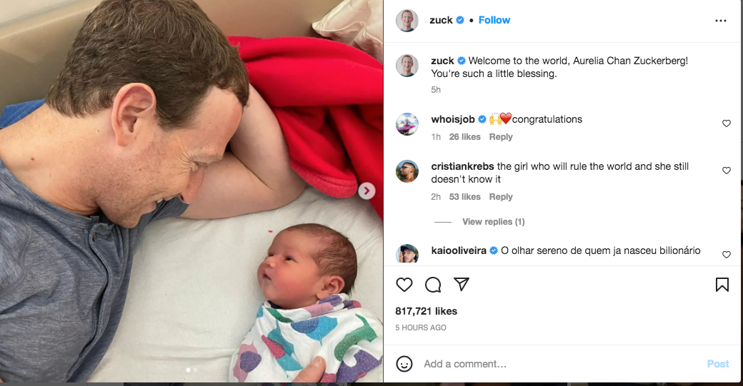 Facebook CEO, Mark Zuckerberg welcomes his 3rd child (Photos)