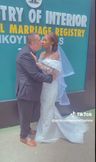 I met my husband in the bush- Nigerian lady celebrates as she weds her White lover (Video)