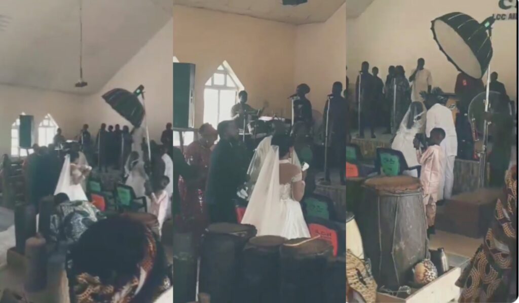 Bride special day disrupted as groom ex-girlfriend shows up in a wedding gown at the church during their ceremony