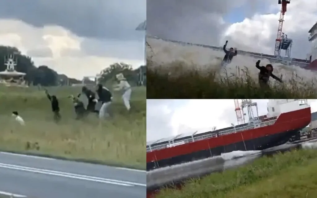 Students run for safety as massive wave strikes cargo ship, leaving them nearly drowning